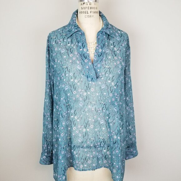 CAbi Chase Tunic Blouse Teal Green Field of Flowers Blouse Style 3761 Size Small - Picture 1 of 7